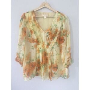 Sundance 100% Silk Floral Shirt Blouse Women Sz L Yellow Orange